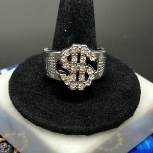 Fashion Ring Dollar Sign $ rhinestones silver tone #K30 size 11